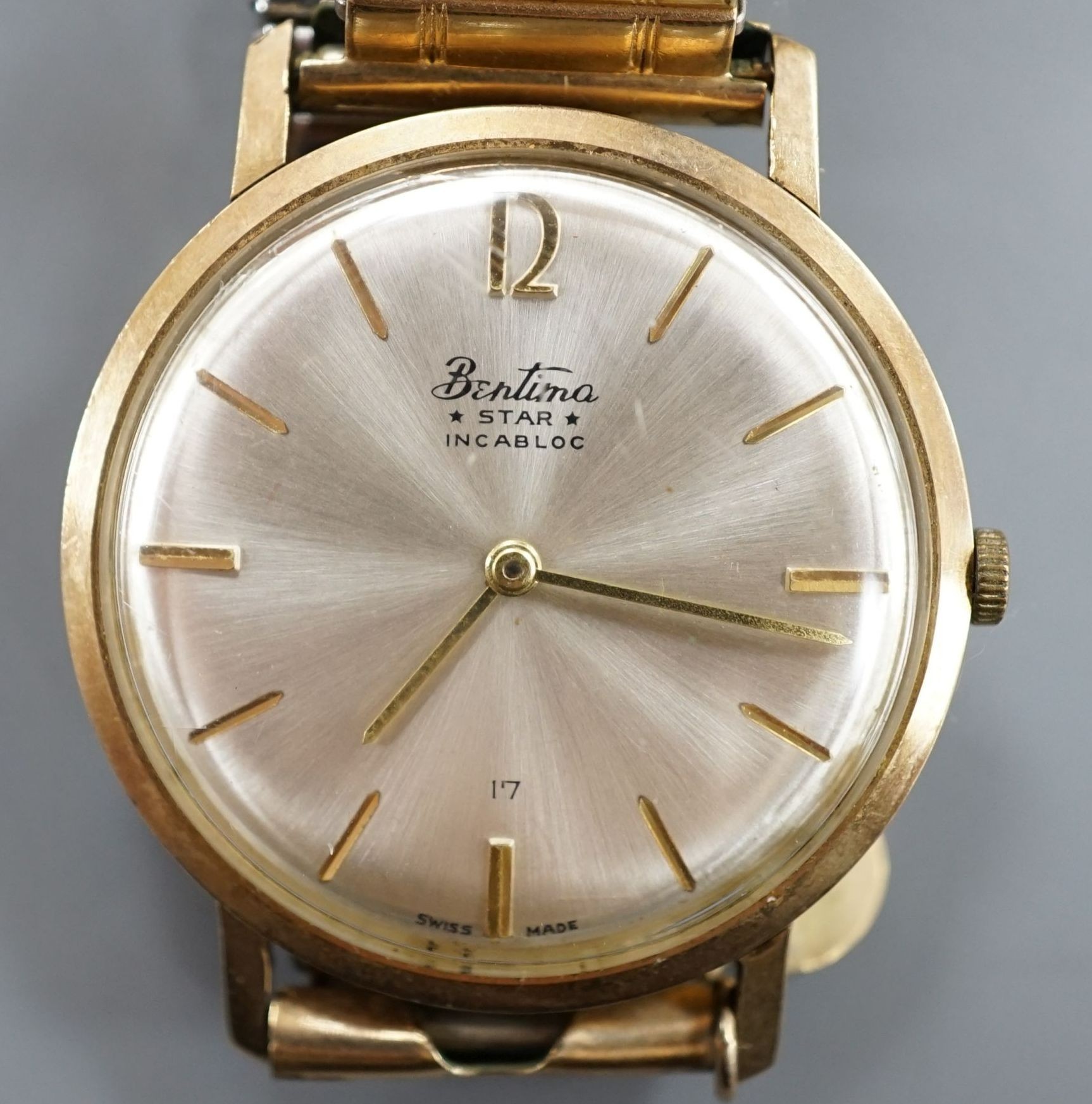 A gentleman's 375 Bentima manual wind wrist watch, on associated steel and gold plated expanding bracelet.